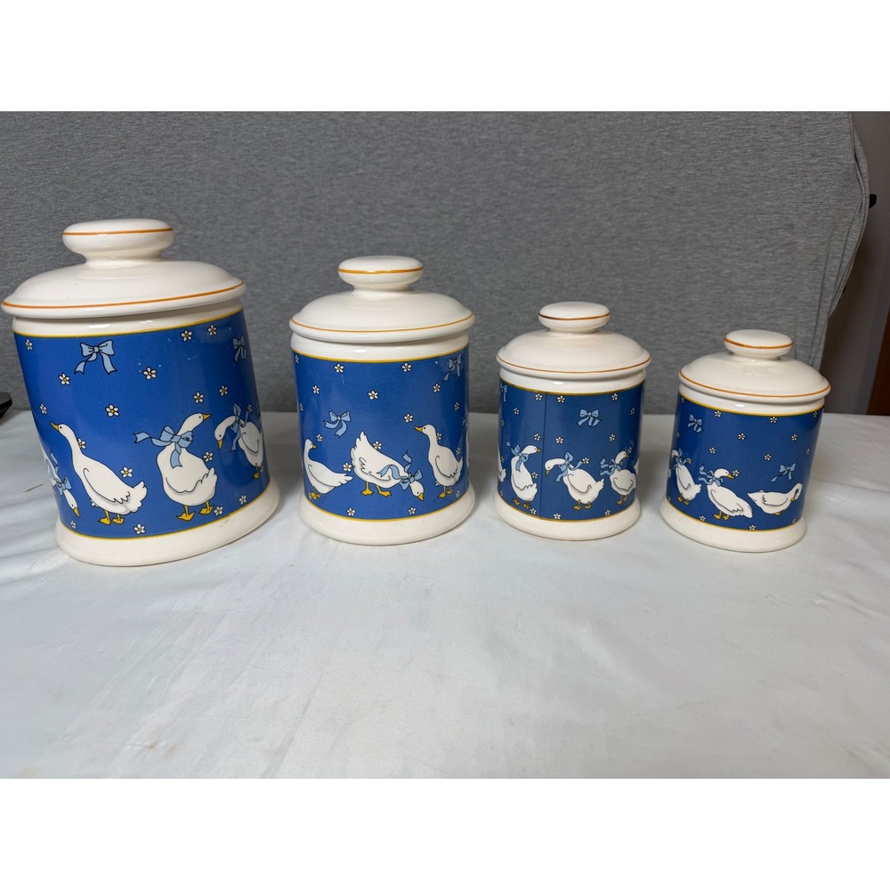 Vintage Country Goose Cottage Core Ceramic Canister Set 4 Piece Blue White Geese